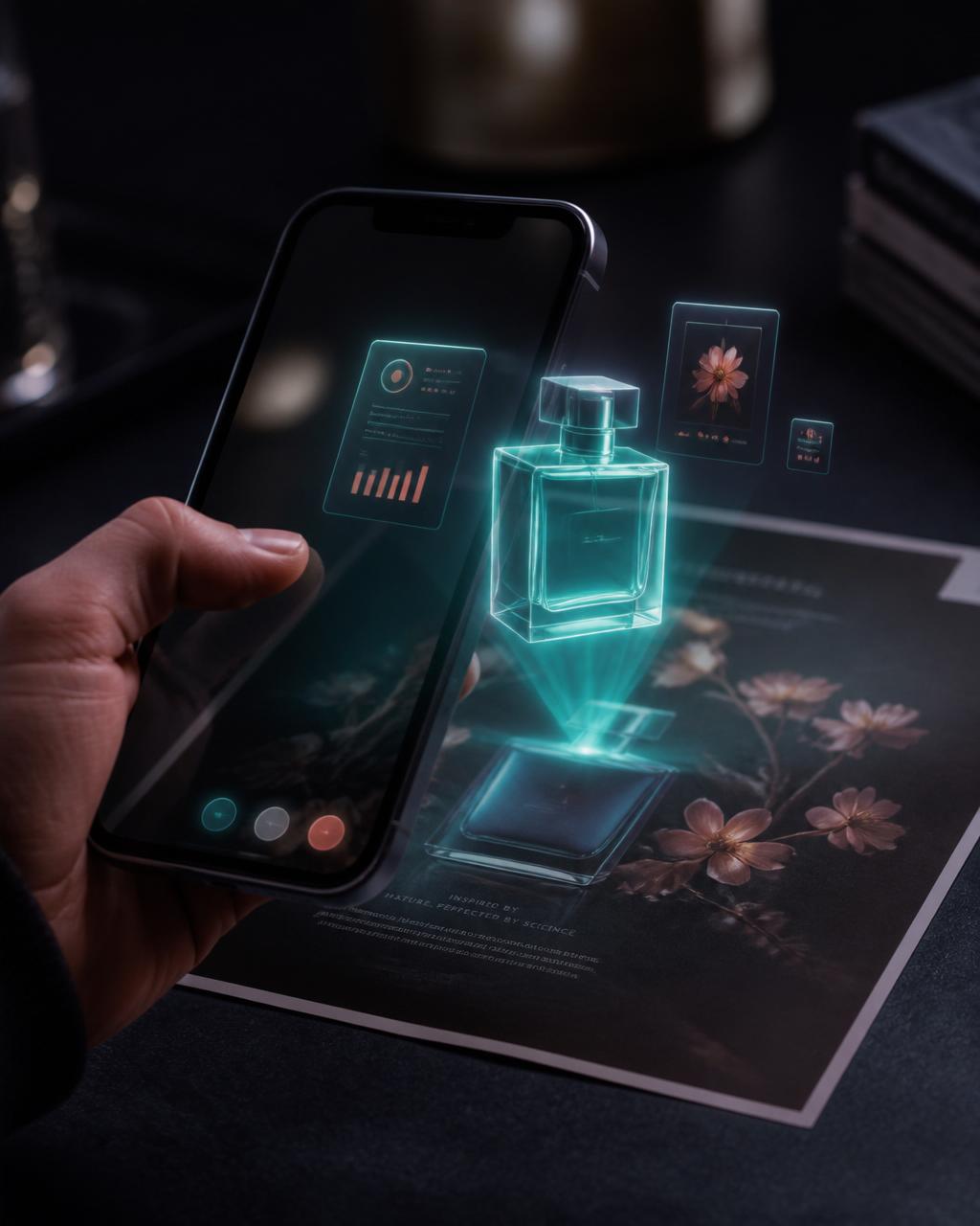 Hand holding a phone over a printed flyer while a translucent teal 3D object and floating data cards emerge above it.